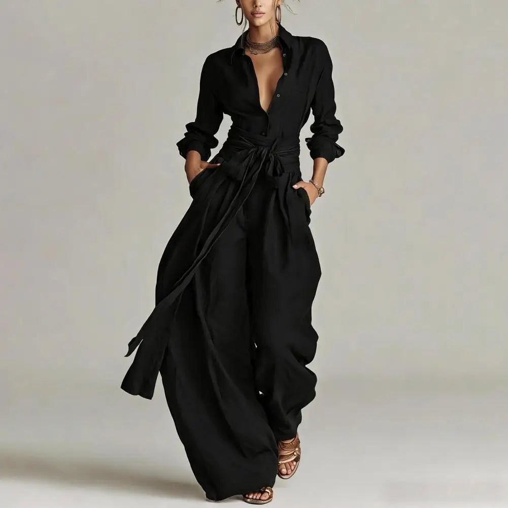 Coffee women's wide-leg co-ord set. Open-collar shirt and high-waisted pants for effortless smart casual style.