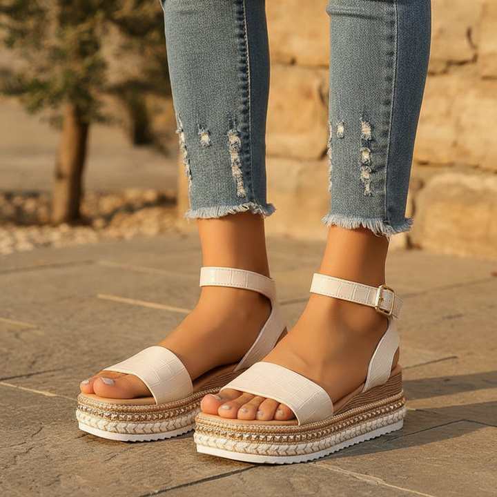Women's apricot platform strap sandals with ankle strap, perfect for summer casual wear & holidays.
