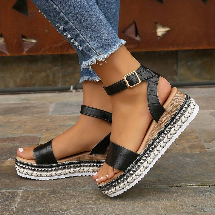 Apricot women's platform sandals with adjustable ankle strap, offering comfort and style for summer fashion.
