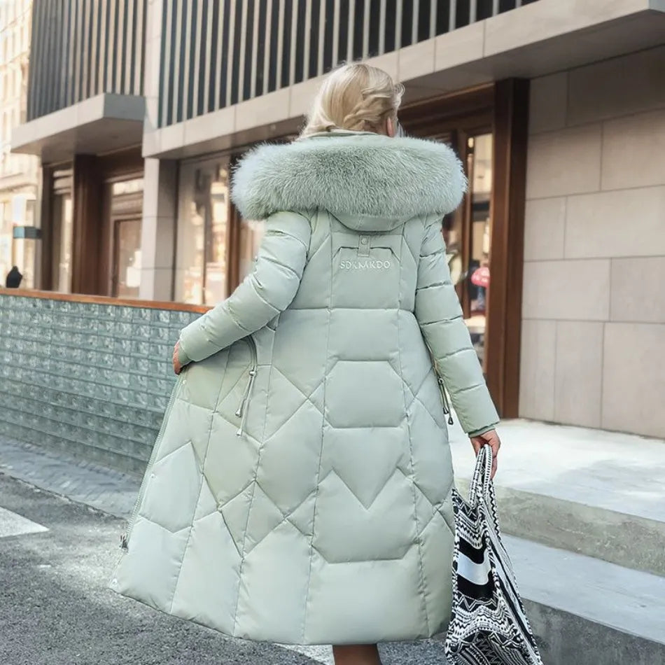 Premium women's long winter parka, hooded, plush trim, providing superior cold weather warmth.