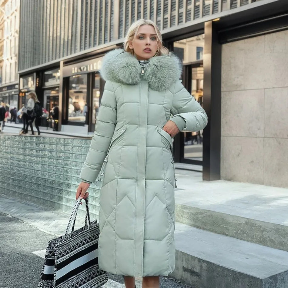 Women's warm long hooded parka, insulated and durable, featuring a cozy plush fur trim.