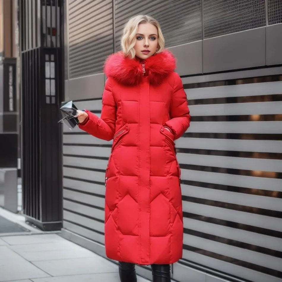 Elegant women's long winter coat, hooded with plush trim, perfect for cold weather outings.