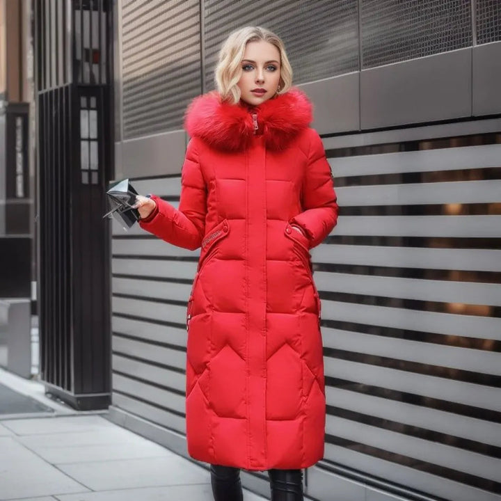 Elegant women's long winter coat, hooded with plush trim, perfect for cold weather outings.