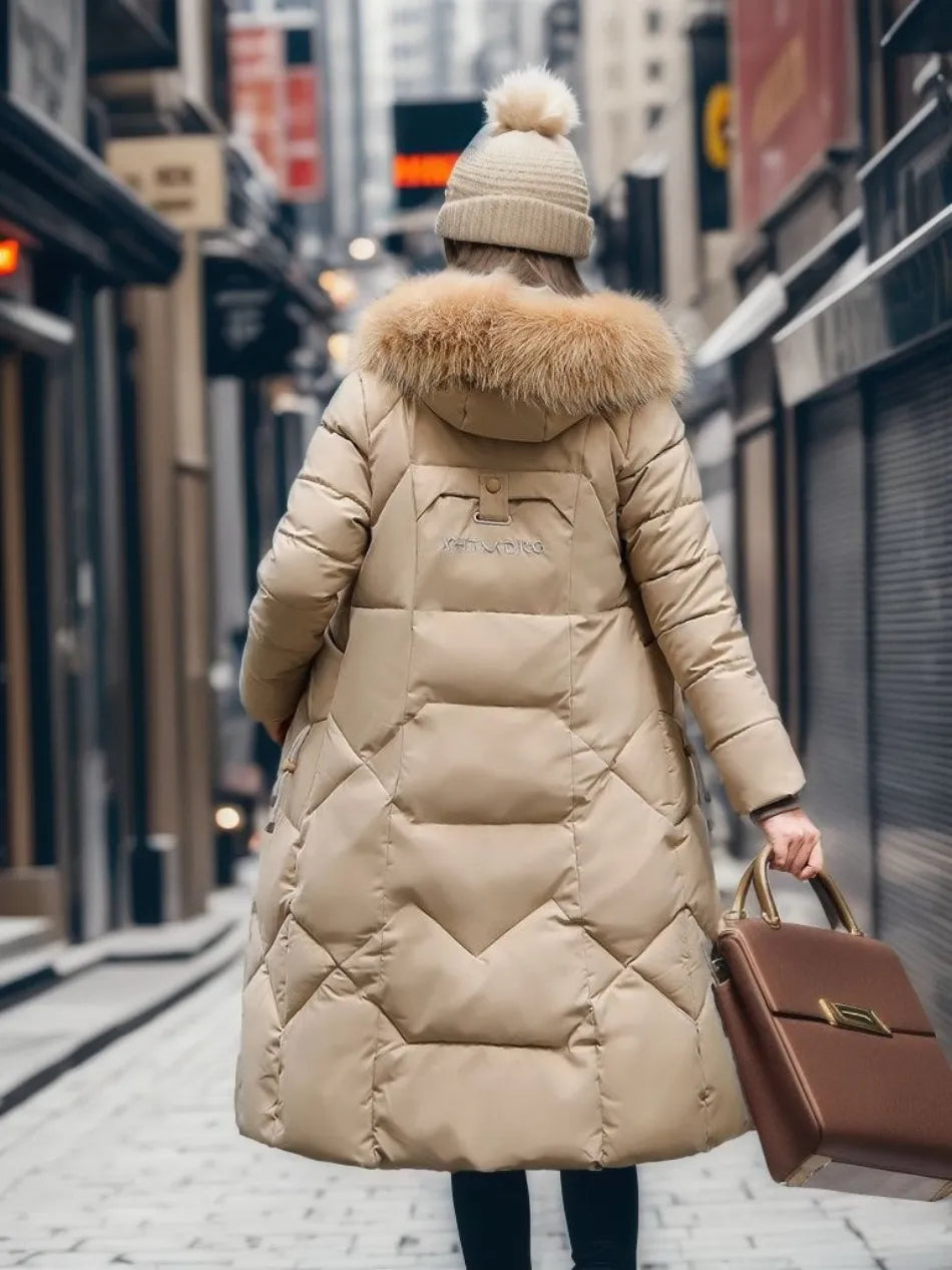 Women's fashion long hooded winter parka, warm, insulated, with a chic fluffy trim detail.