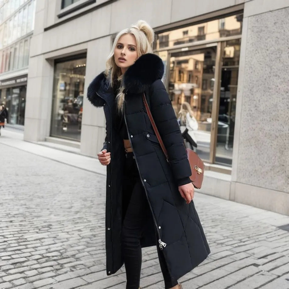 Cozy women's long winter coat, hooded, plush trim, essential for staying warm in arctic conditions.