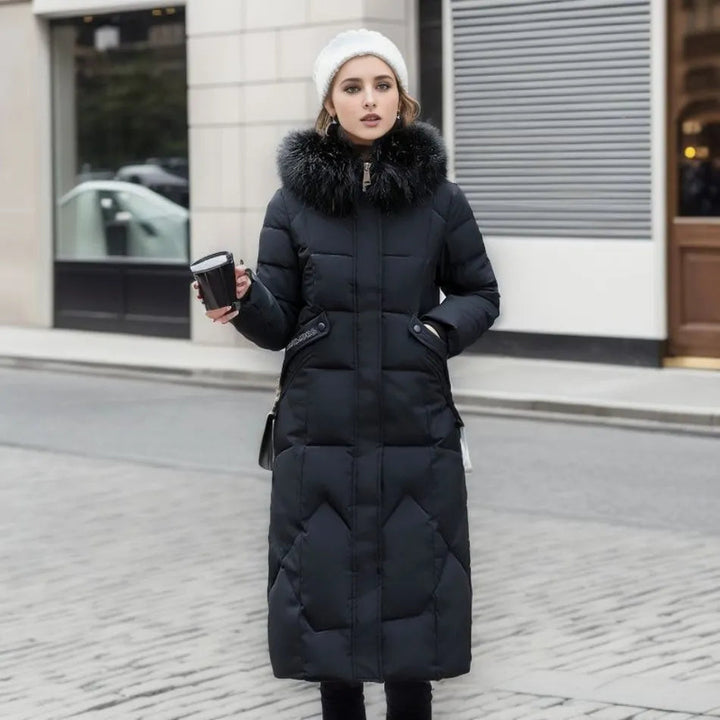 Arctic warmth women's long winter coat, hooded, plush trim, designed for extreme cold.