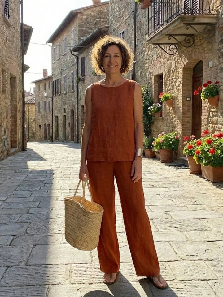 Rusty orange women's two-piece set. Lightweight sleeveless blouse & wide-leg pants for summer.