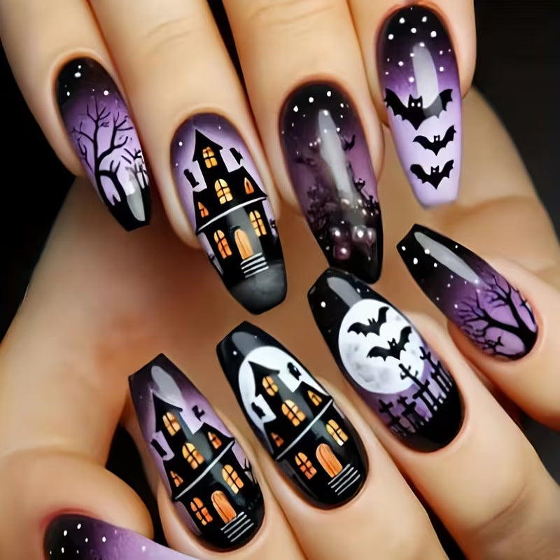 Women's artistic Halloween press-on nails. Spooky purple & black designs, easy apply for costume accessory.