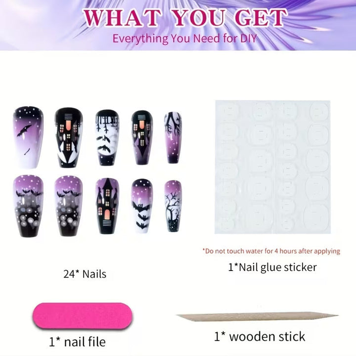 Spooky purple & black artistic Halloween press-on nails for women's costumes. Easy-apply nail art accessory.