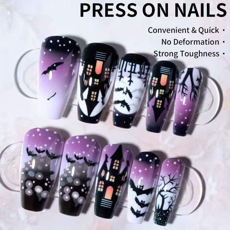 Artistic women's Halloween press-on nails with spooky purple & black designs. Perfect easy-apply costume nail art.