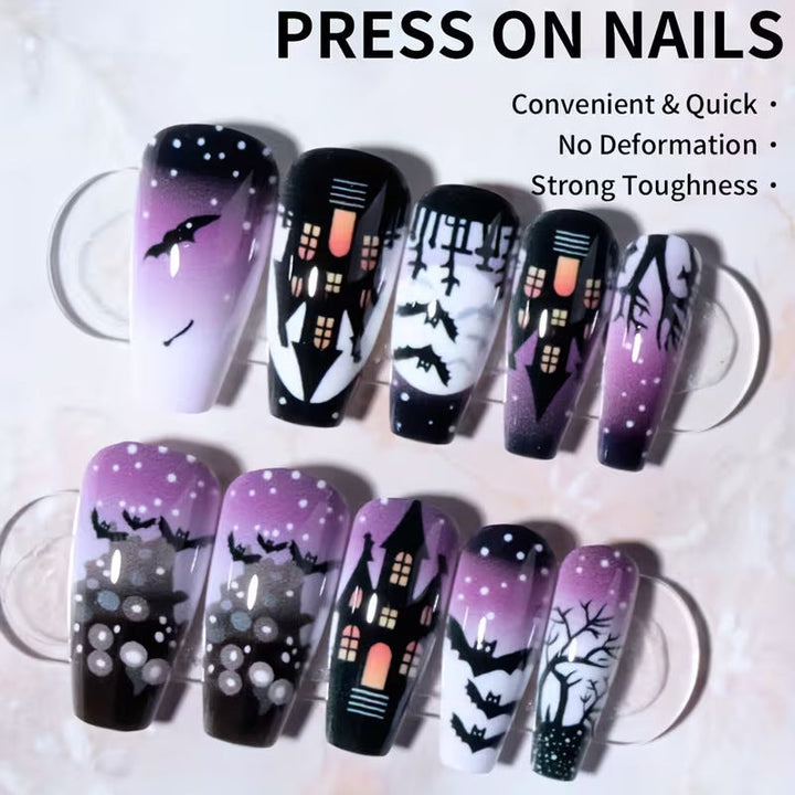 Artistic women's Halloween press-on nails with spooky purple & black designs. Perfect easy-apply costume nail art.