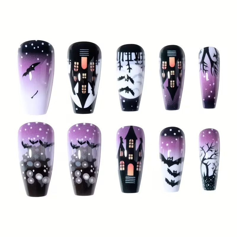 Vibrant purple & black artistic Halloween press-on nails for women. Spooky, easy-to-apply nail art for costumes.