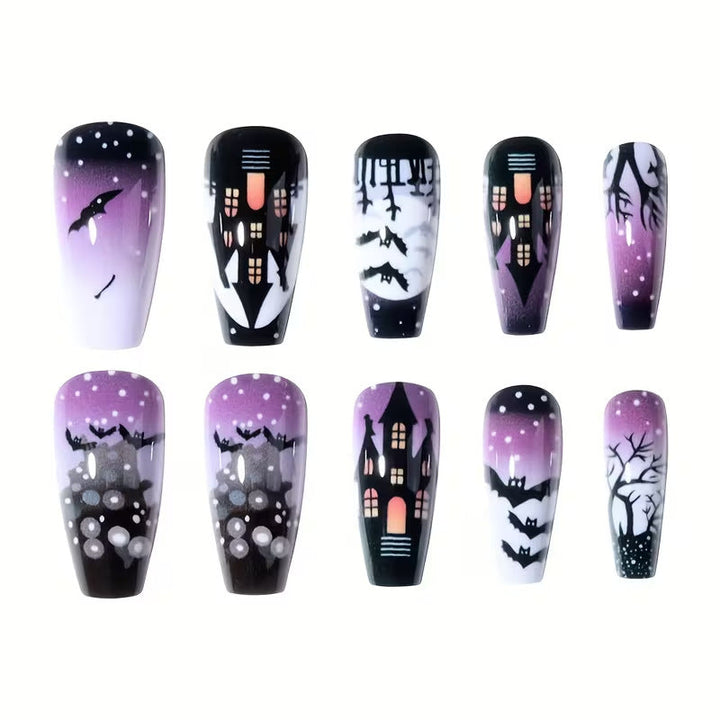Vibrant purple & black artistic Halloween press-on nails for women. Spooky, easy-to-apply nail art for costumes.