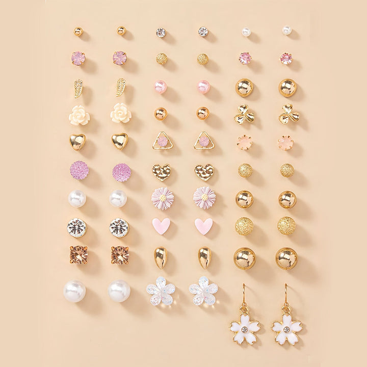 Elegant stud earrings set featuring crystal, pearl, and floral designs for women.