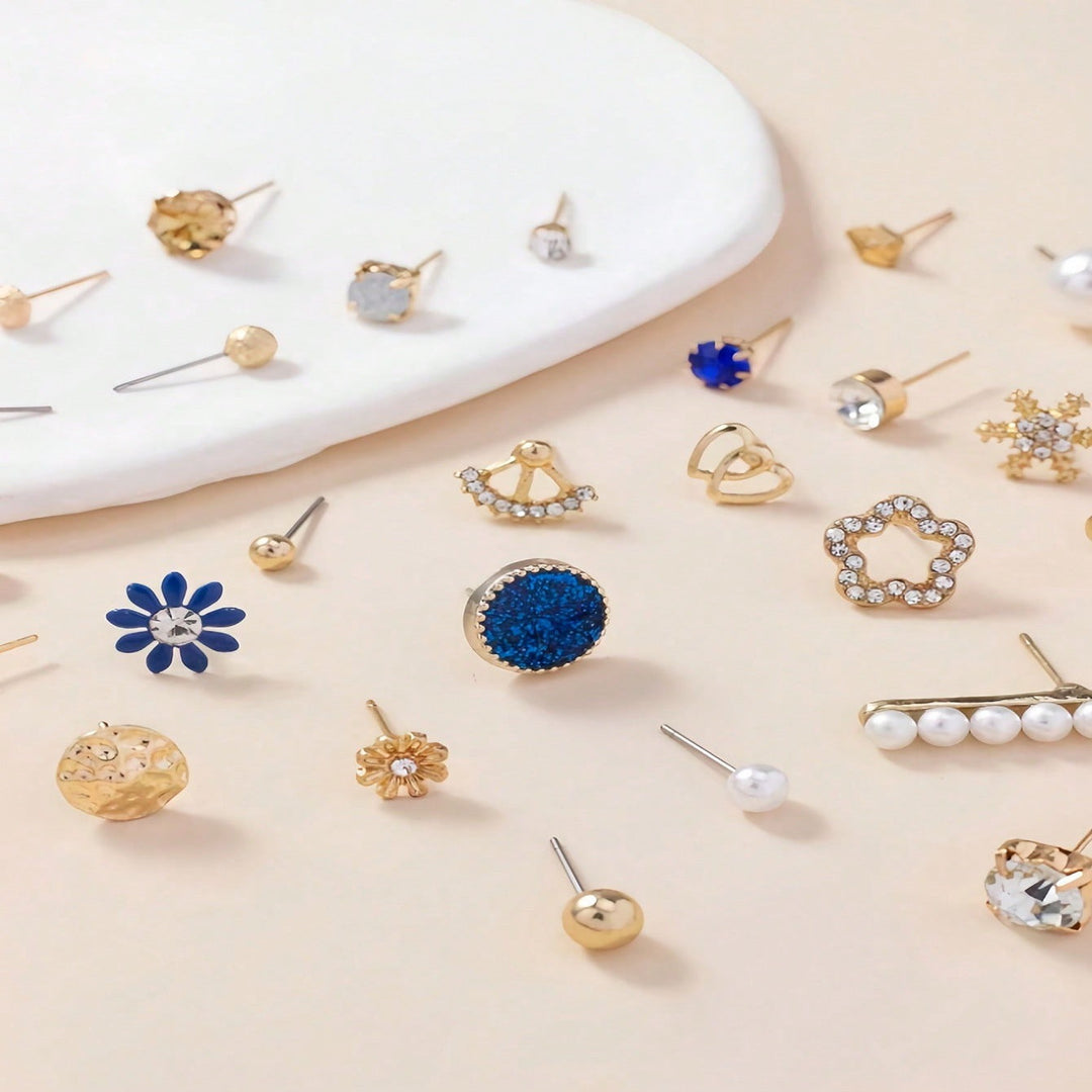 Floral stud earrings mixed with elegant crystal, a women's assorted fashion jewelry set.