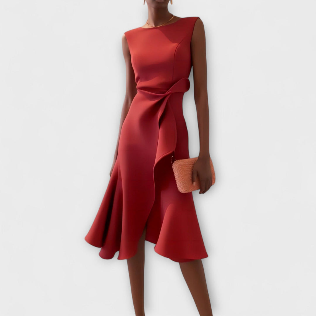 Women's asymmetric draped sleeveless midi dress for elegant evening wear.