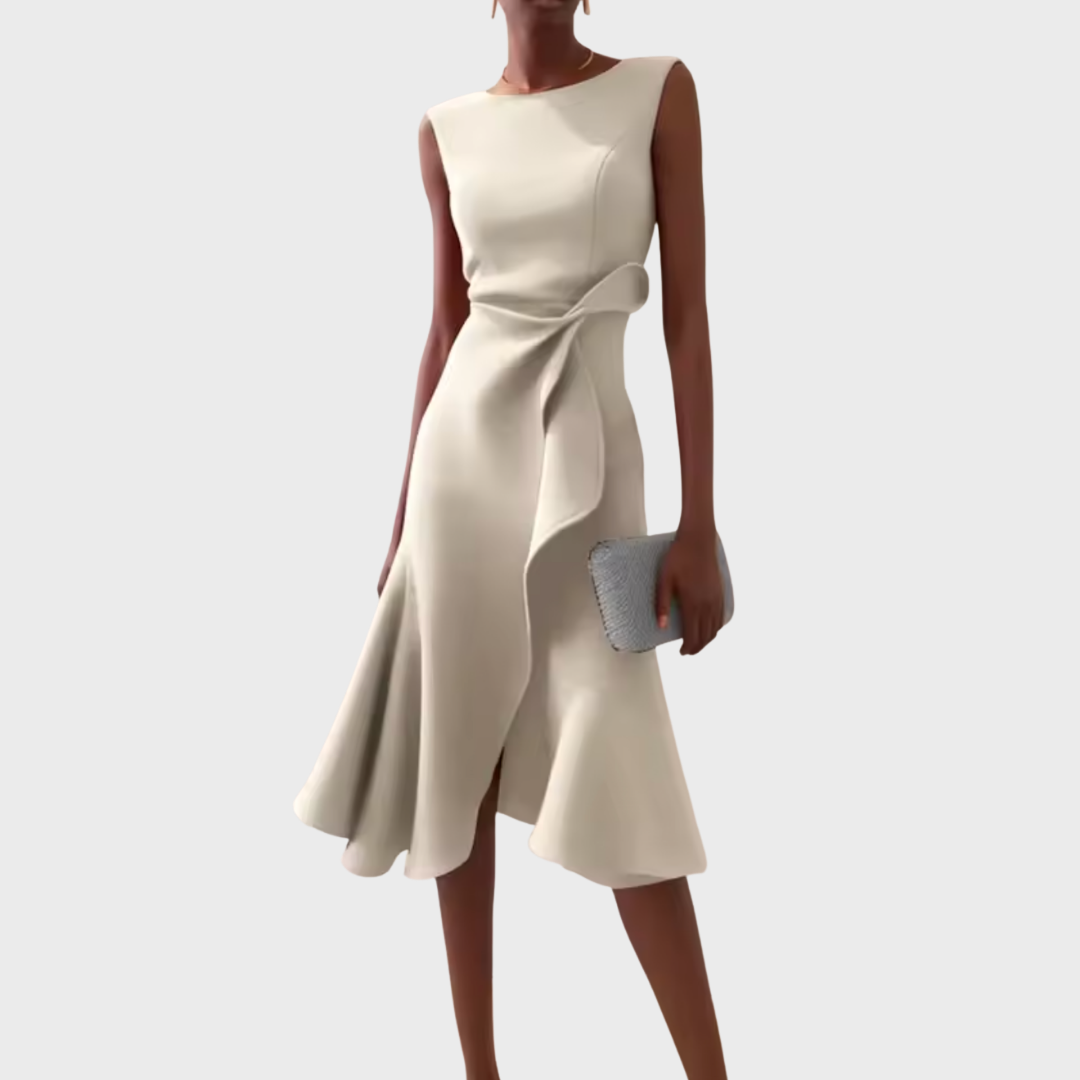 Flattering asymmetric draped sleeveless midi dress for women's special occasions.