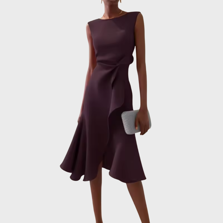 Sophisticated women's evening midi dress, featuring an asymmetric draped style.