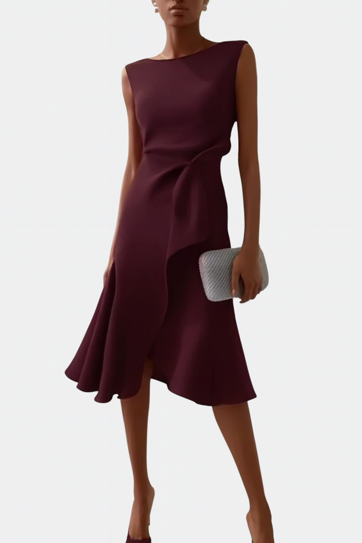 Stylish sleeveless midi dress for women, an elegant asymmetric draped party outfit.