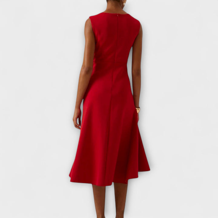 Beautifully draped asymmetric midi dress, a formal and elegant women's evening gown.