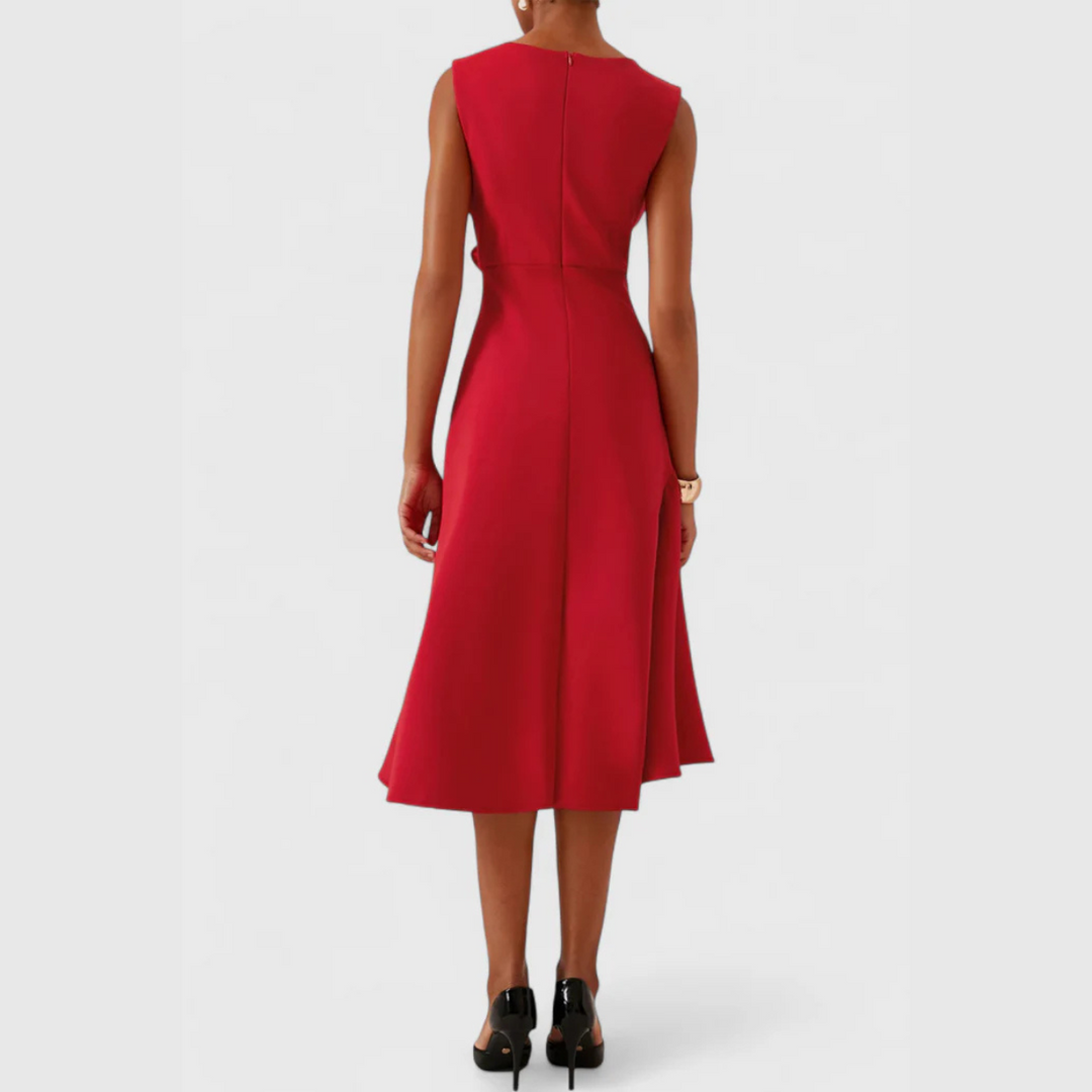 Modern formal gown: women's sleeveless midi dress with an elegant asymmetric drape.