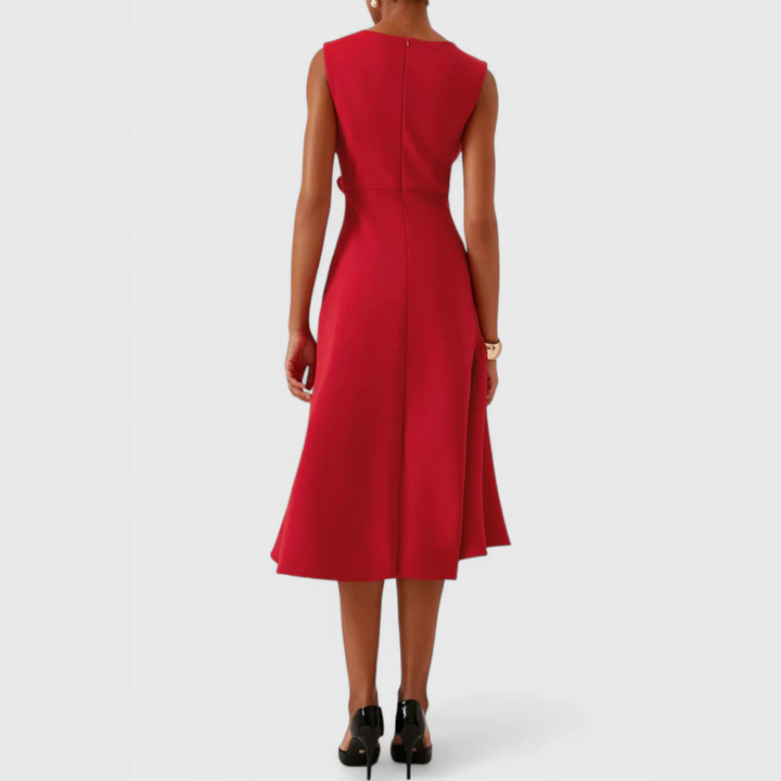 Modern formal gown: women's sleeveless midi dress with an elegant asymmetric drape.