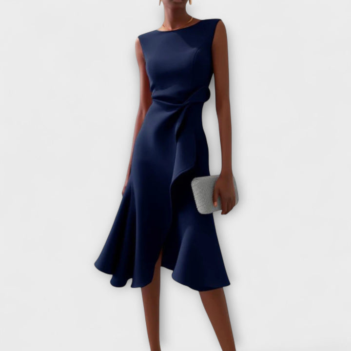 Sophisticated women's sleeveless midi dress with elegant asymmetric drape.