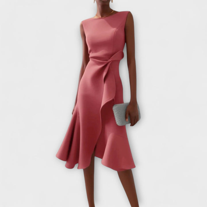 Stylish party dress: women's asymmetric draped midi for special occasions.