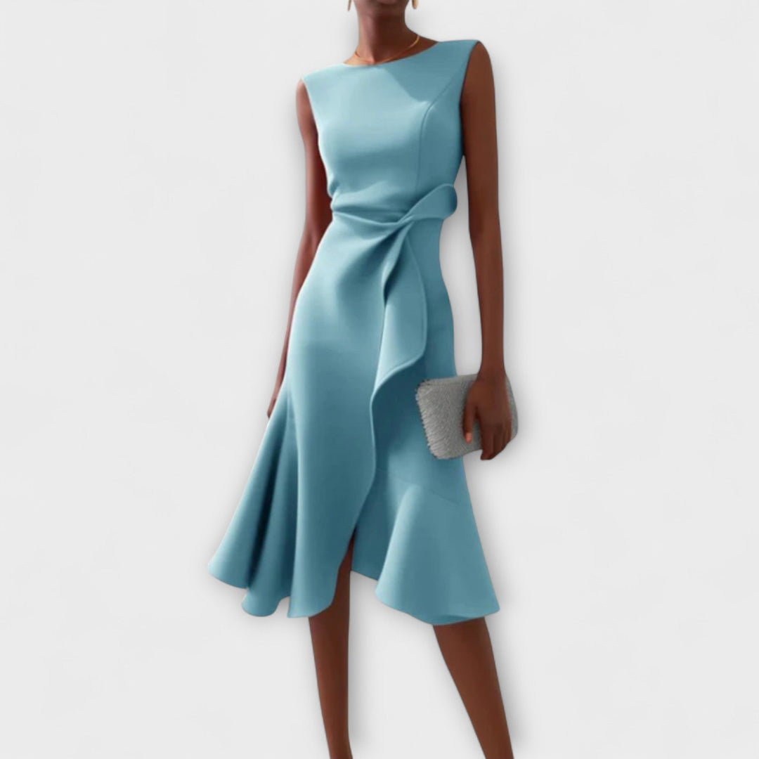 Formal gown: elegant sleeveless midi dress with a flattering asymmetric drape.