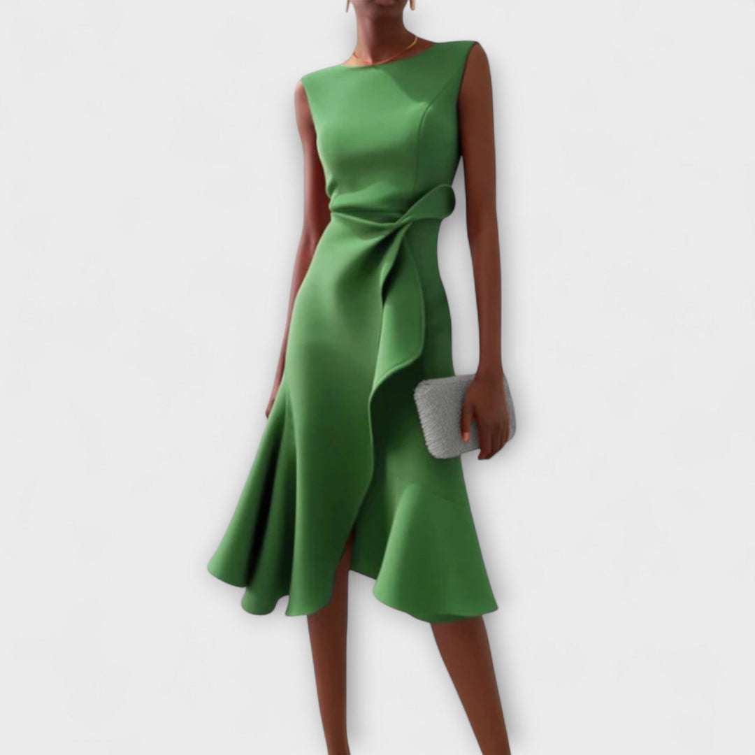 Asymmetric midi dress for women, sleeveless and elegantly draped.