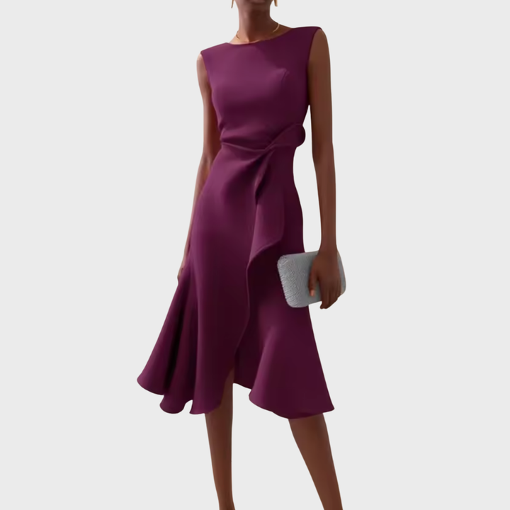 Sleeveless women's midi dress, beautifully draped with an asymmetric hem.