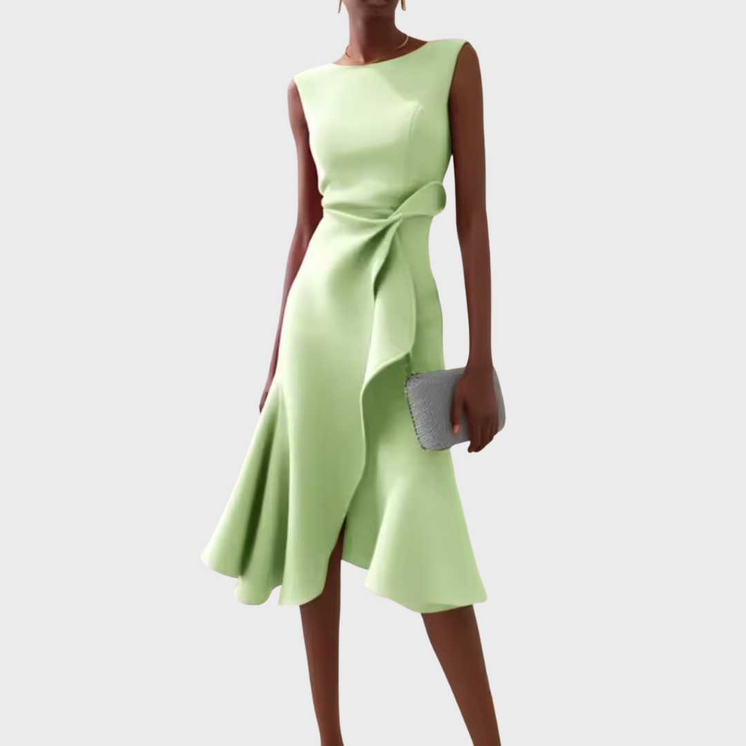 Elegant women's party dress: asymmetric draped midi, ideal for evening events.