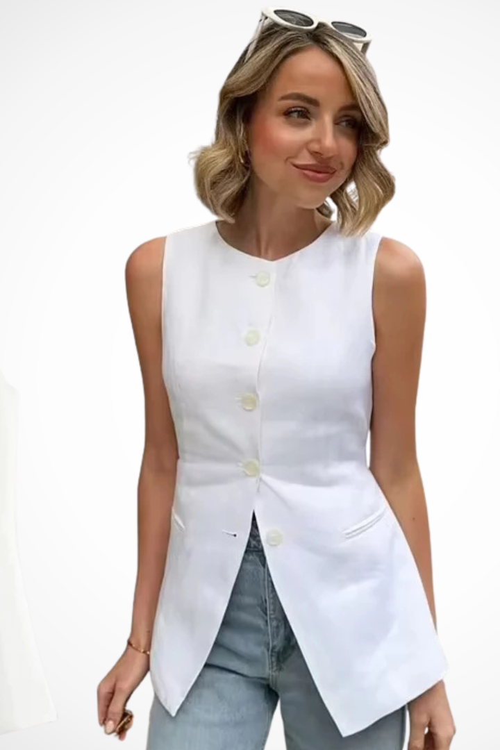 Chic women's tailored vest, sleeveless with an asymmetric cut and elegant button front. A modern fashion statement.