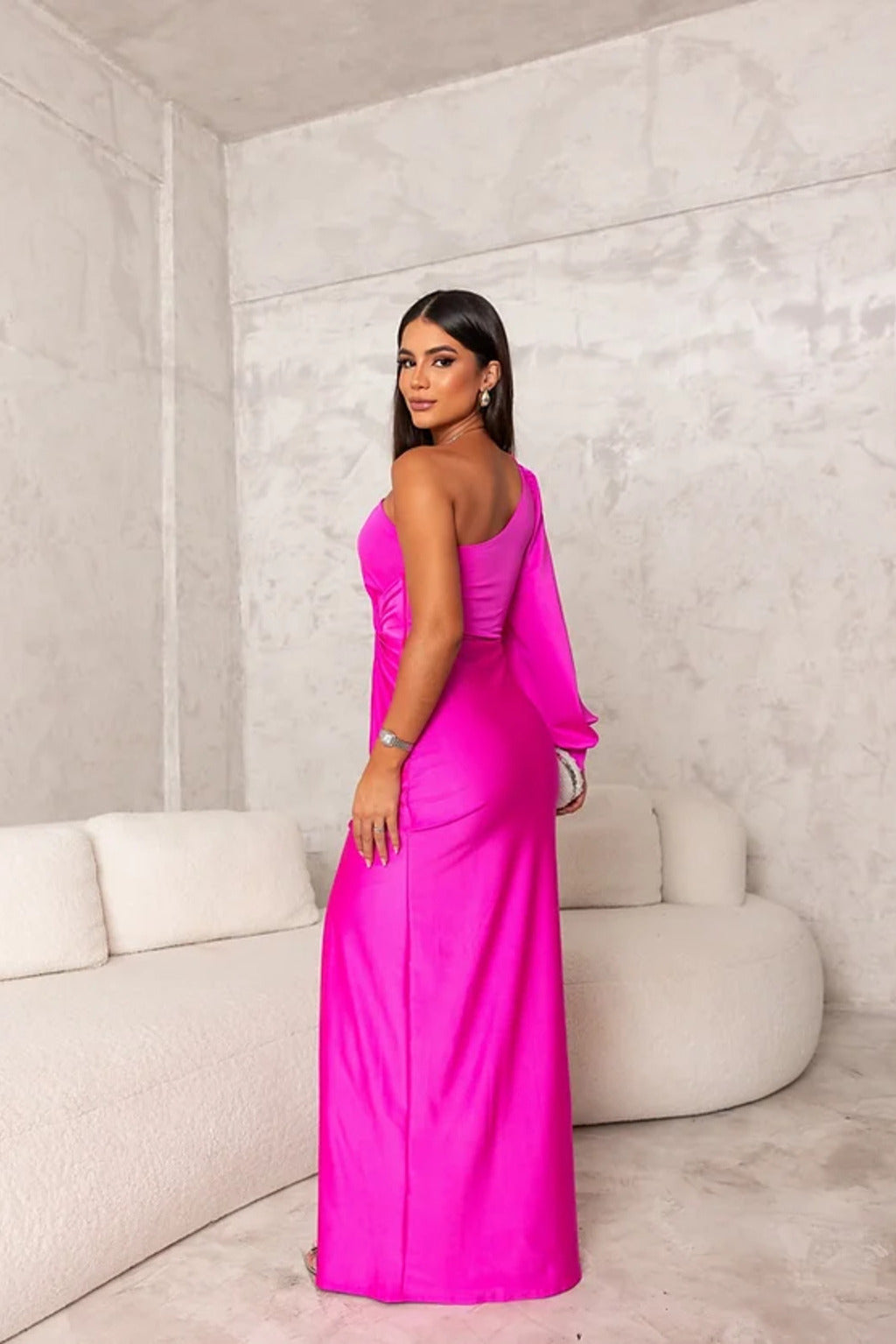 Women's elegant one-shoulder long sleeve maxi evening dress. Asymmetrical, draped waist, side slit. Formal occasion.