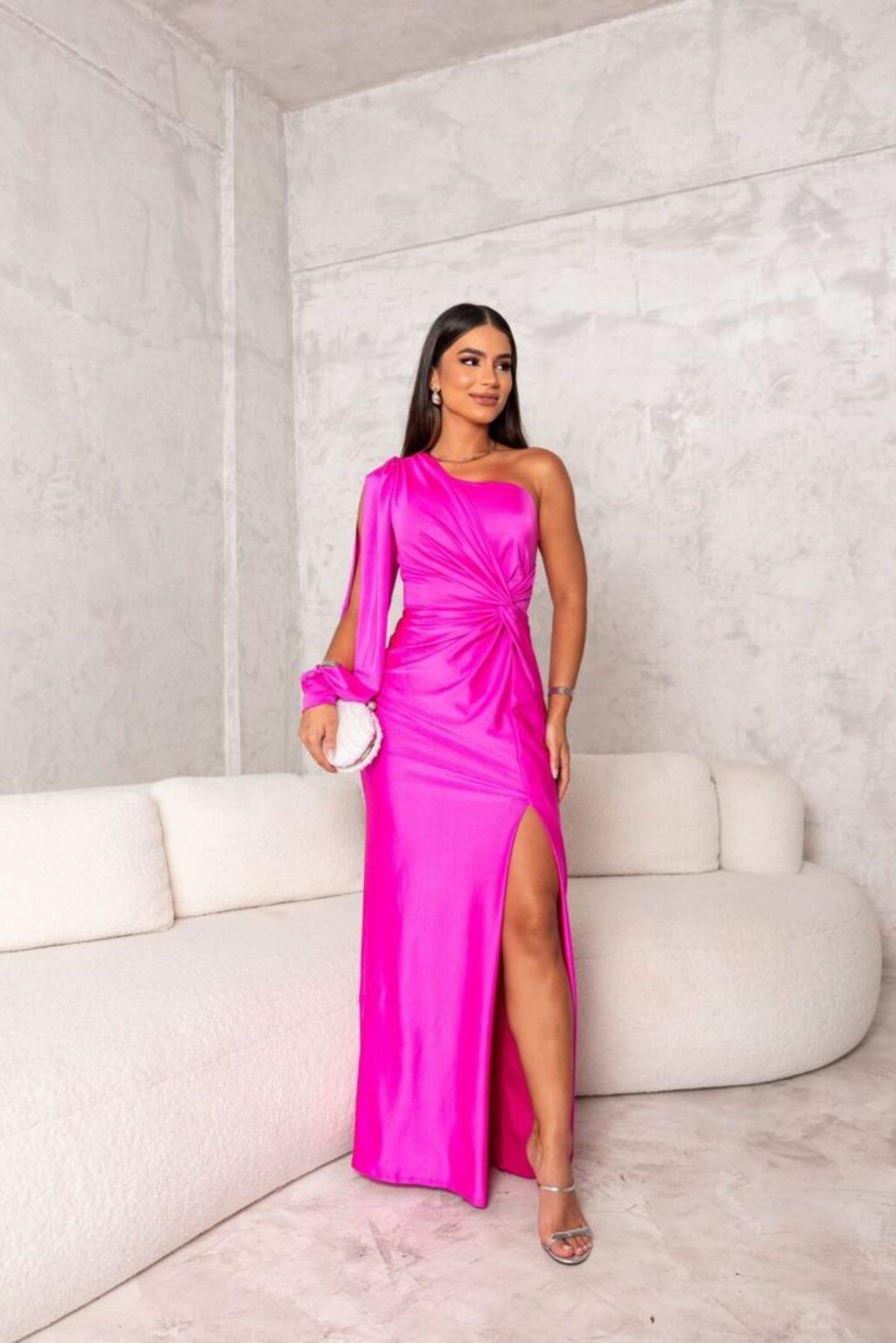 Stunning women's asymmetrical one-shoulder maxi dress for special occasions. Elegant evening formal gown.
