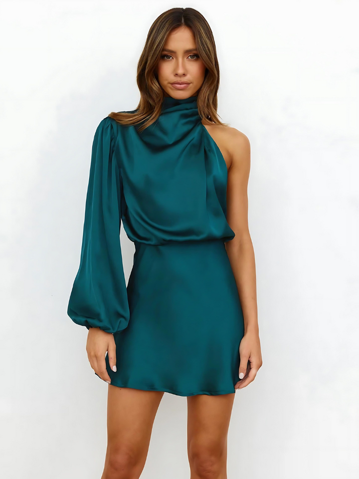 Stylish women's one-shoulder cocktail dress. Asymmetrical mini design perfect for parties & night outs.