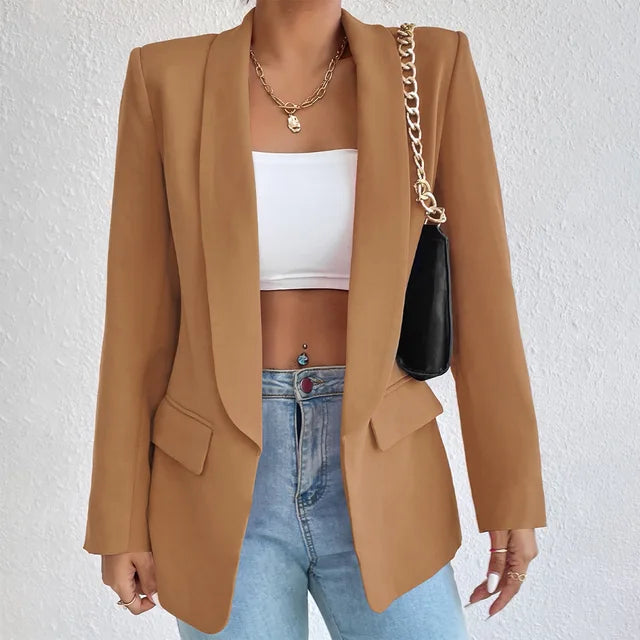 Modern Athena women's blazer, a stylish long sleeve jacket for contemporary office fashion.
