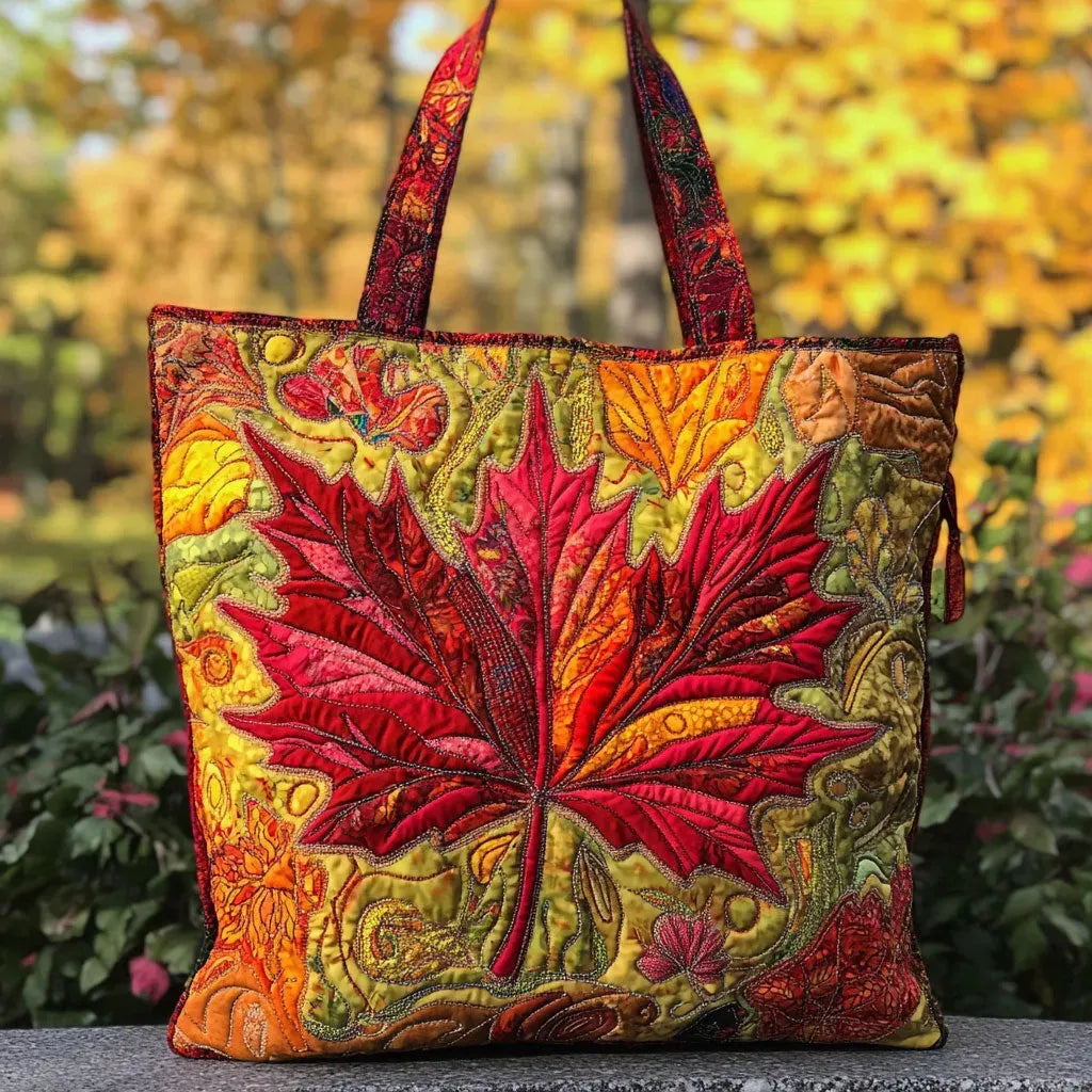Women's autumn maple sunset design lined tote bag. Stylish everyday accessory, handcrafted cotton polyester.