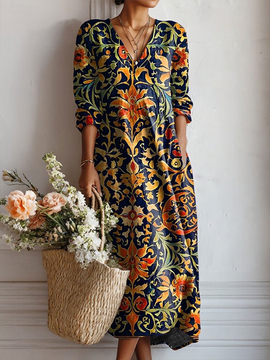 Women's baroque floral midi dress with V-neck, 3/4 sleeves & elegant bohemian print for summer.