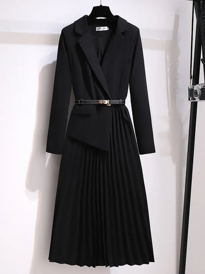 Versatile women's belted pleated midi blazer dress in black. Chic, sophisticated & comfortable for office or events.