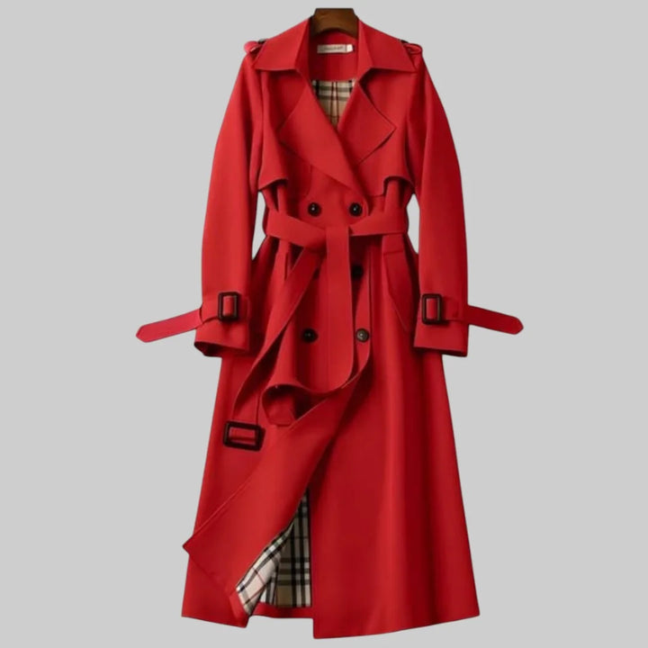 Elegant women's beige trench coat, double-breasted, with stylish belted waist & classic plaid lining.