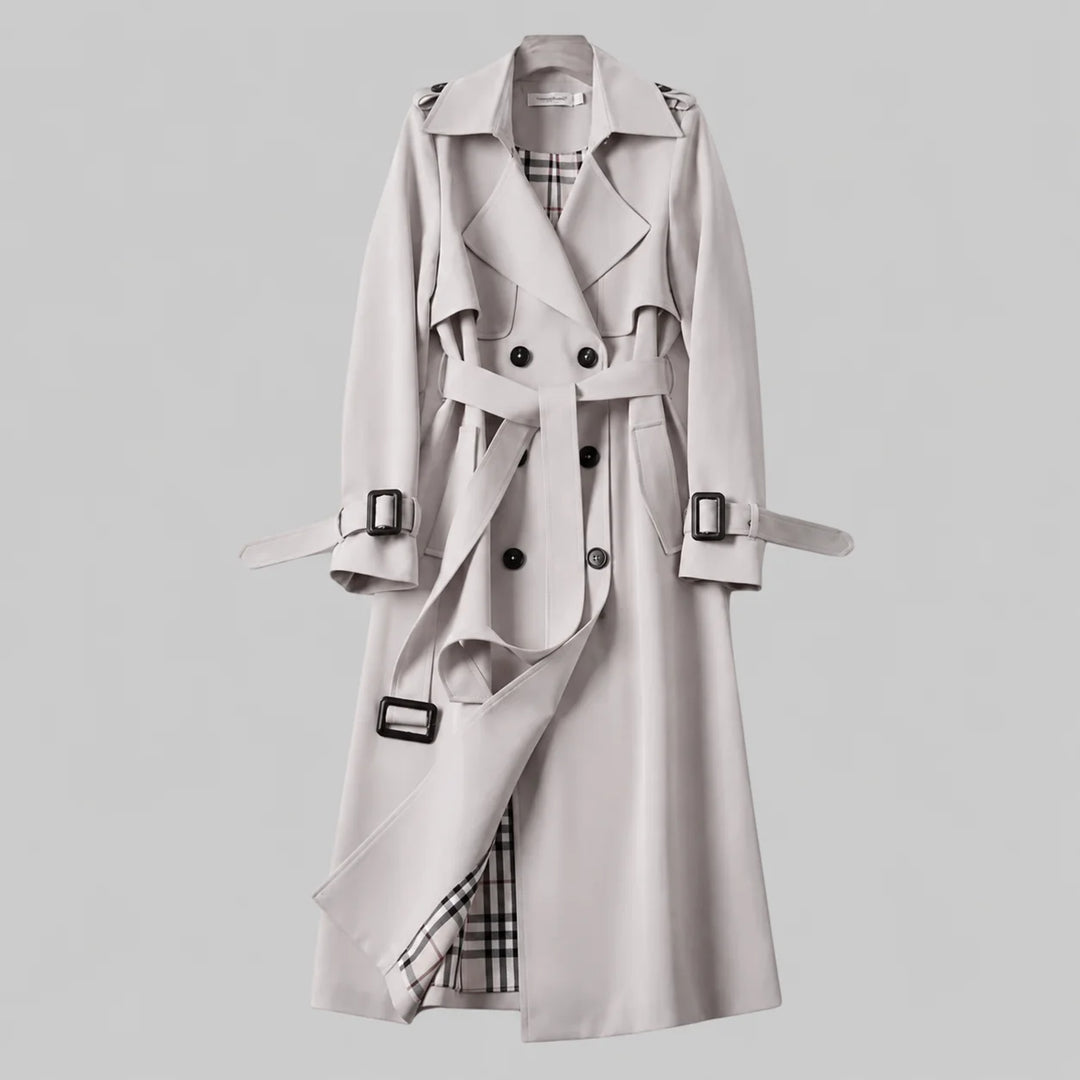 Stylish women's beige double-breasted trench coat, a belted jacket for elegant spring & autumn fashion.