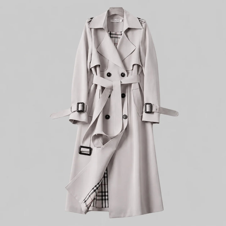 Stylish women's beige double-breasted trench coat, a belted jacket for elegant spring & autumn fashion.