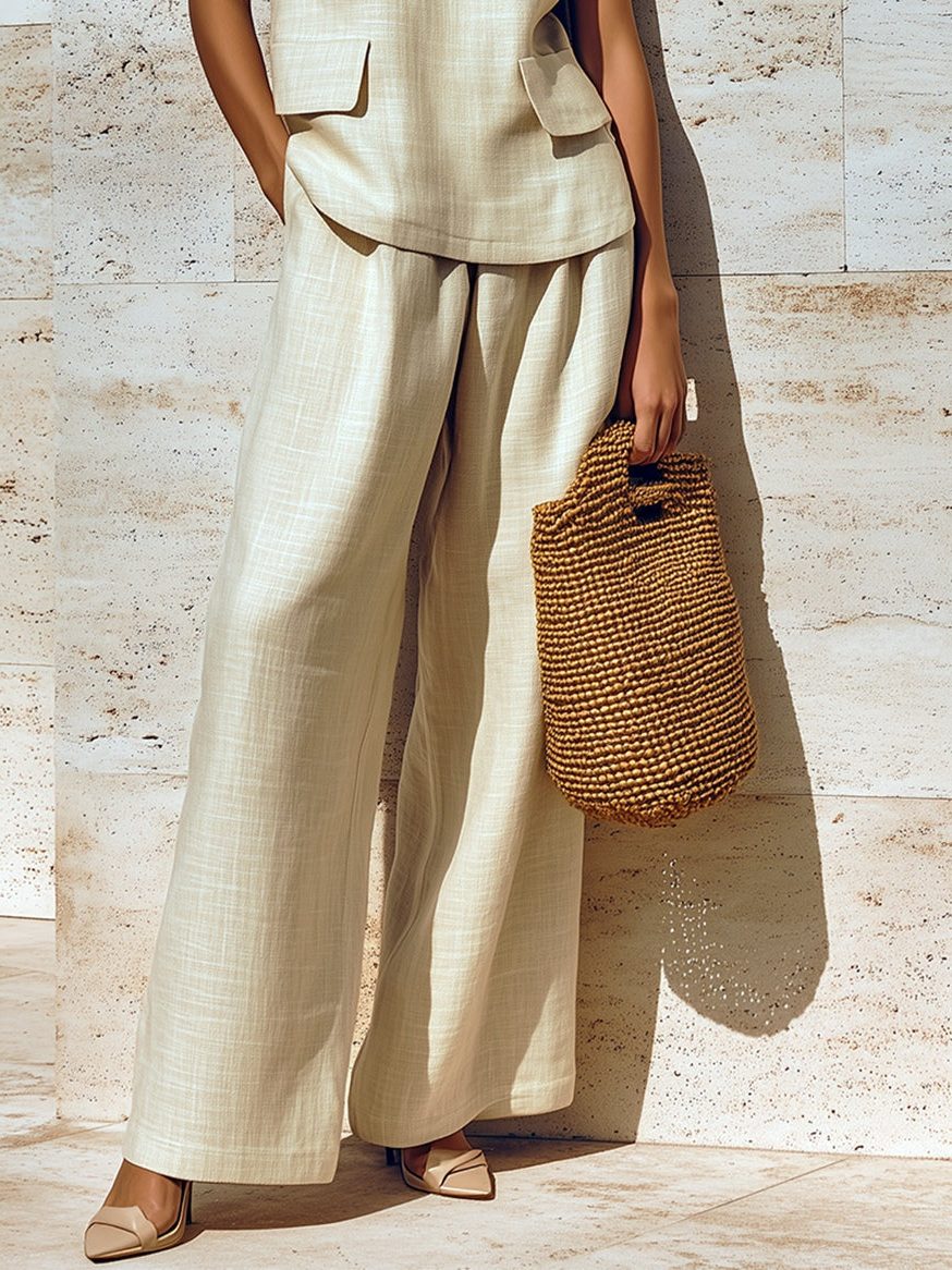 Comfortable women's beige linen sleeveless wide-leg two-piece set. Relaxed summer fashion for women.