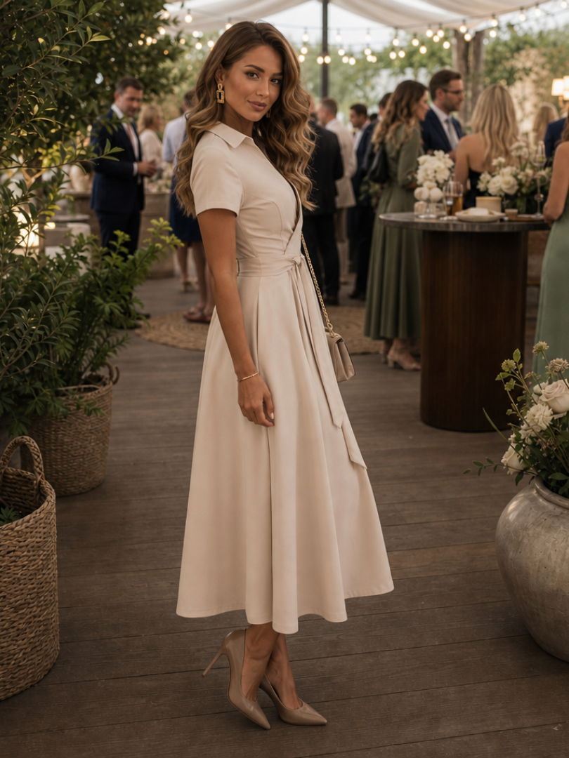Stylish women's collared wrap midi dress in beige with short sleeves & pockets, ideal for workwear or everyday style.