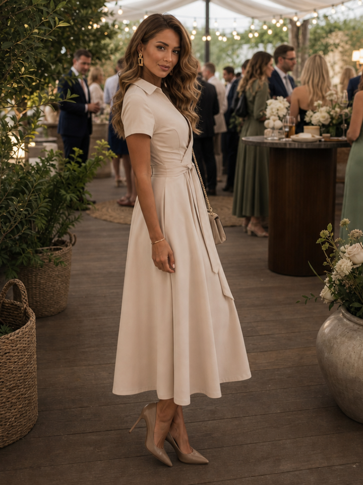 Stylish women's collared wrap midi dress in beige with short sleeves & pockets, ideal for workwear or everyday style.