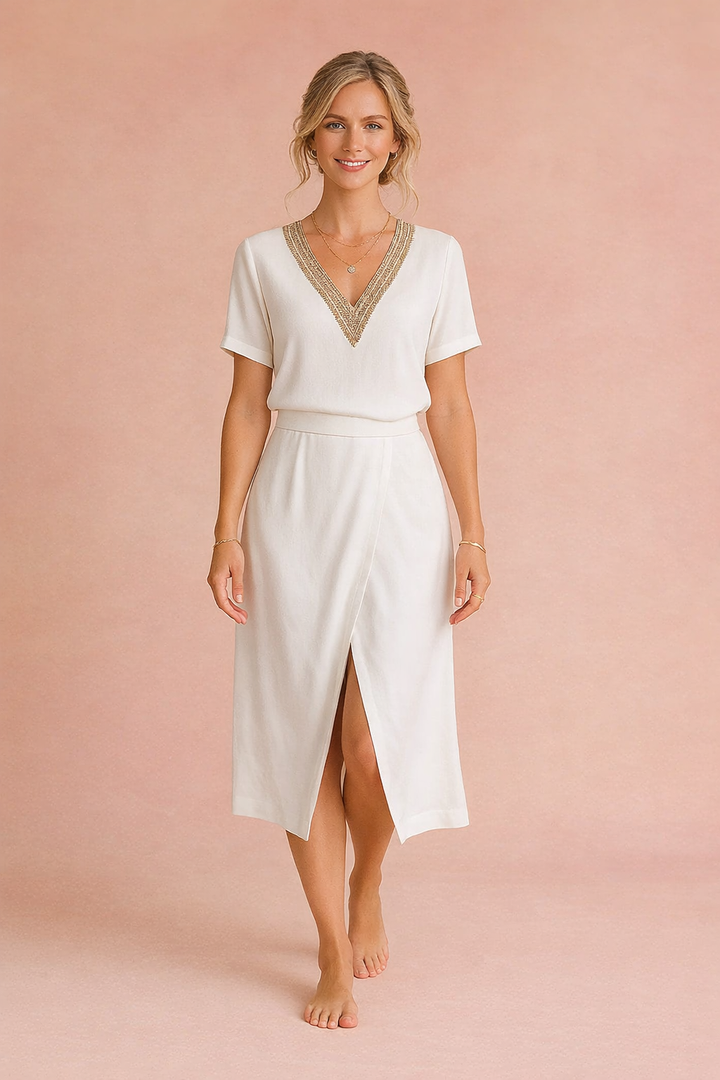 Stylish white V-neck midi dress for women. A modern, chic, and versatile piece perfect for summer elegance.
