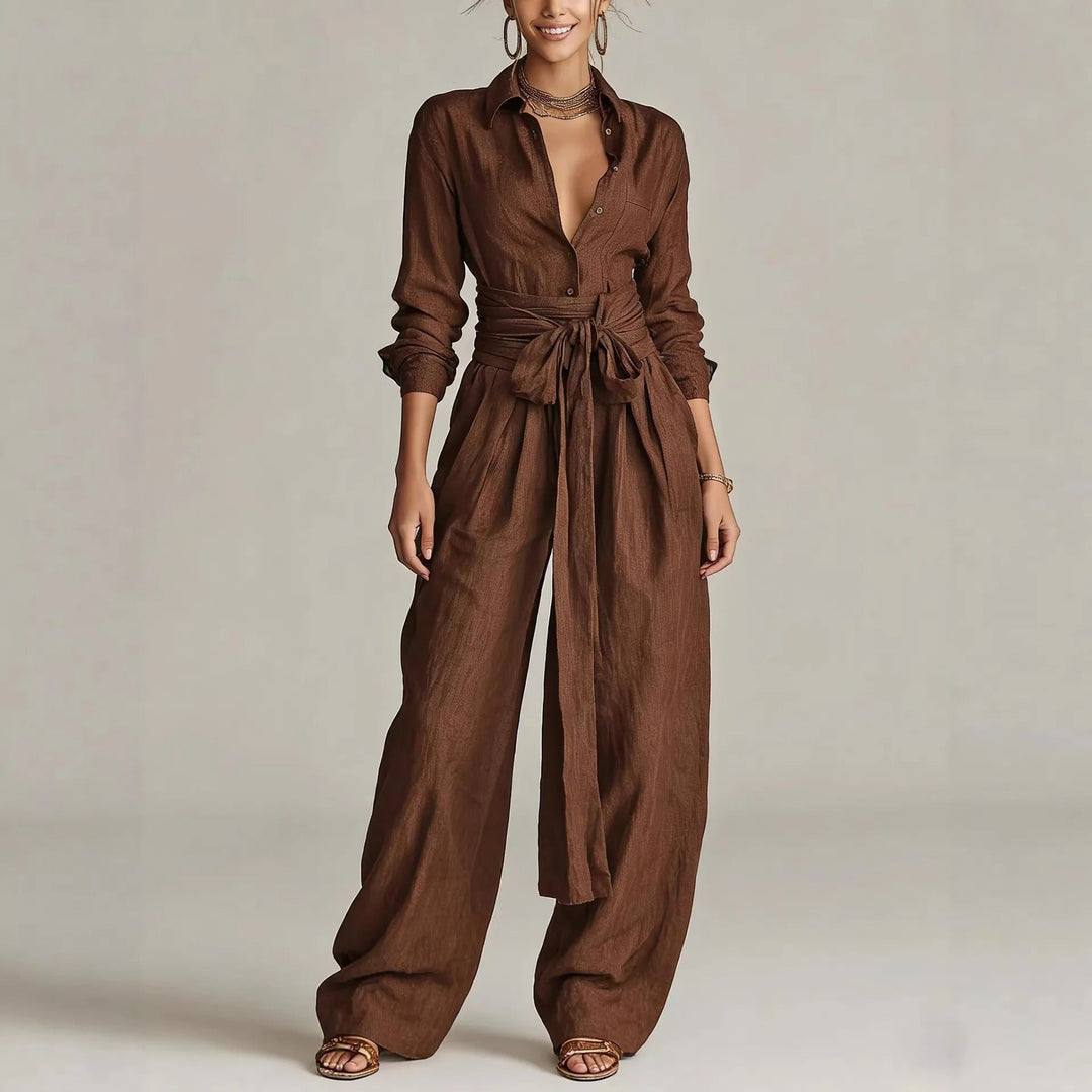 Women's belted long-sleeve jumpsuit with shirt-collar, perfect for effortless style & day-to-night wear.