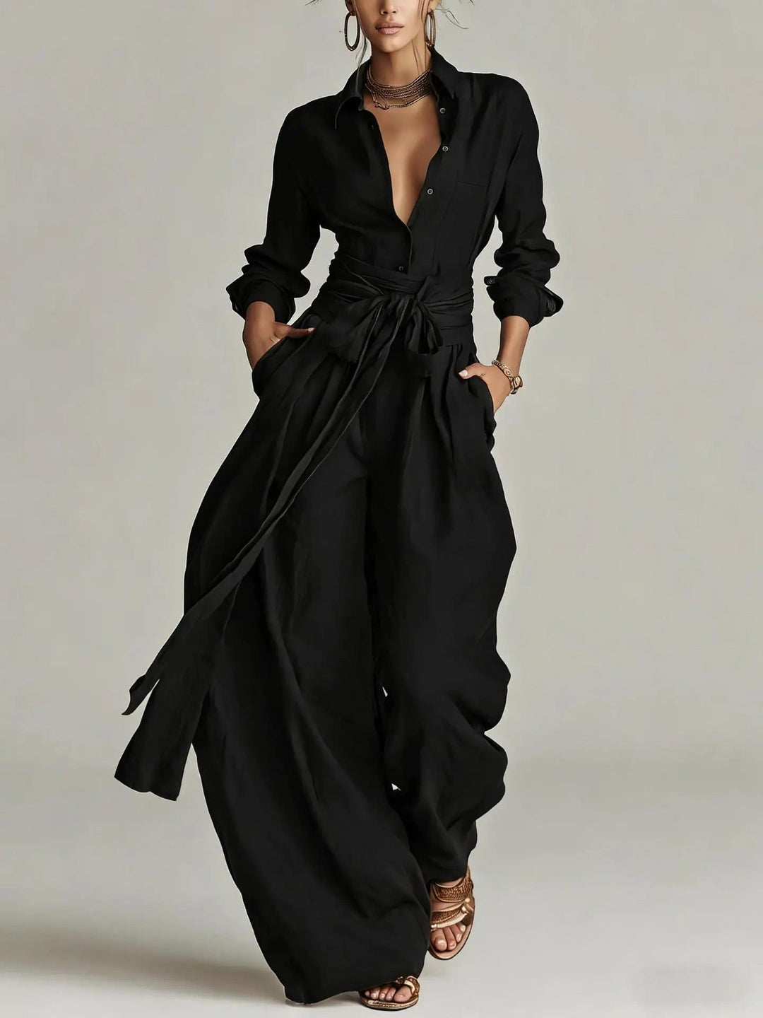 Chic women's belted long-sleeve jumpsuit, ideal for office workwear or elegant day-to-night fashion.