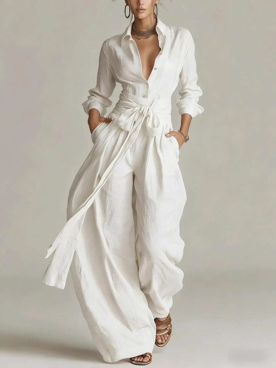 Versatile long-sleeve belted jumpsuit for women, a complete outfit ideal for work or chic casual wear.